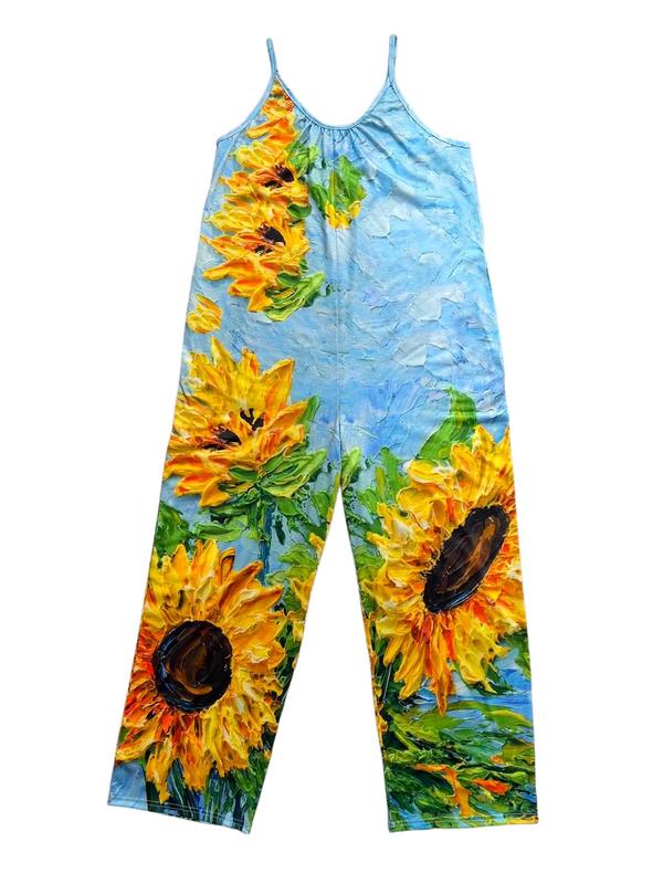 Women's Sunflower Print Pocket Backless Cami Jumpsuit, Boho Casual Comfort Adjustable Spaghetti Strap Sleeveless Jumpsuit for Beach Vacation, Bohemian Lady One-Piece Outfits, Summer Outfits 2024