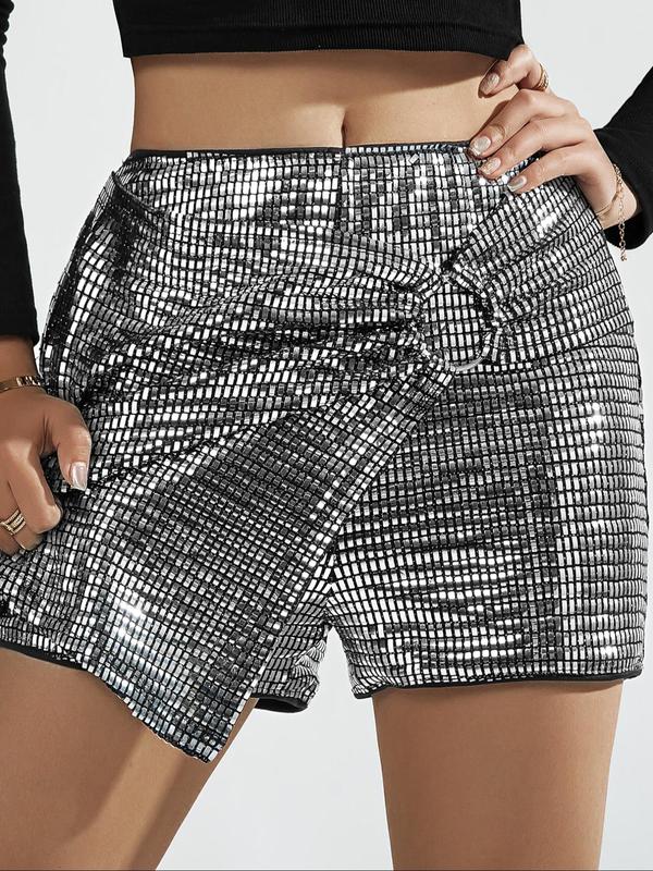 Women's Ruched Ring Linked Sequins Skort, Elegant Asymmetrical Hem Short Skort for Party Club Dating, Ladies Bottoms for All Seasons