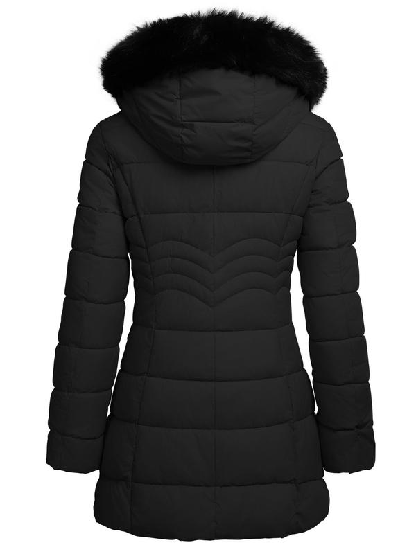 Women's Solid Color Contrast Faux Fur Hooded Quilted Jacket, Casual Long Sleeve Zip Up Outerwear for Fall & Winter, Ladies Clothes for Daily Wear