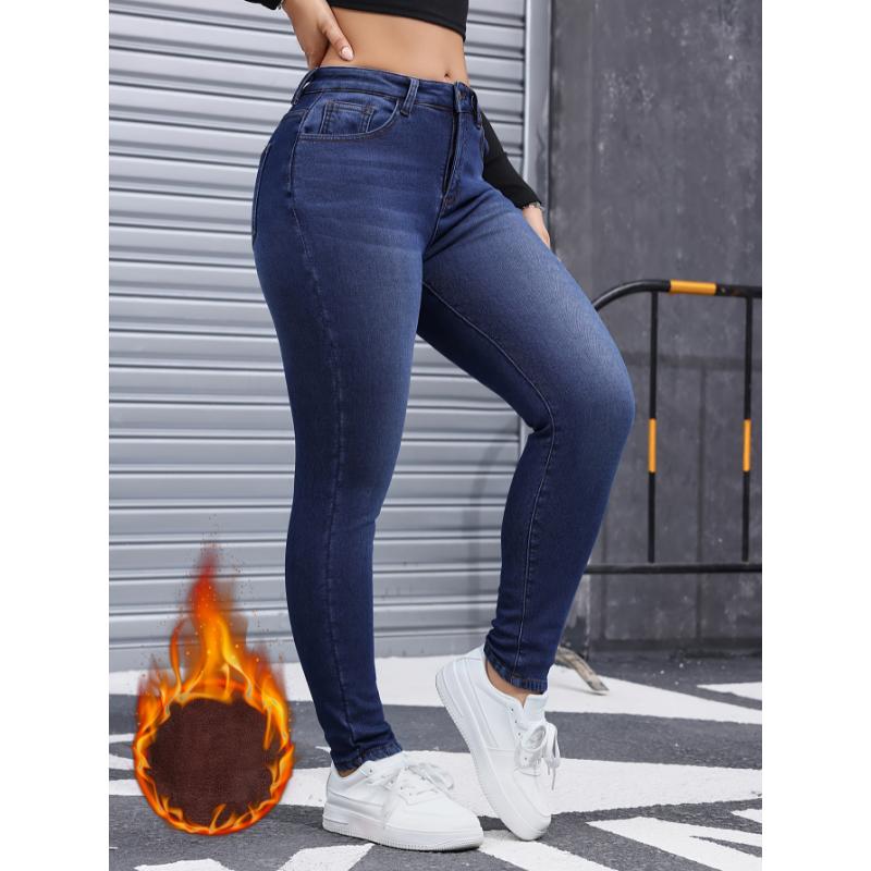 Winter Chic Plush Lined Skinny Fit Denim Jeans - Women's Stretchy Zipper Button Closure Blue Casual Style Pants with Comfortable Fabric and Flattering Fit - Perfect for Cold Weather Womenswear Bottom