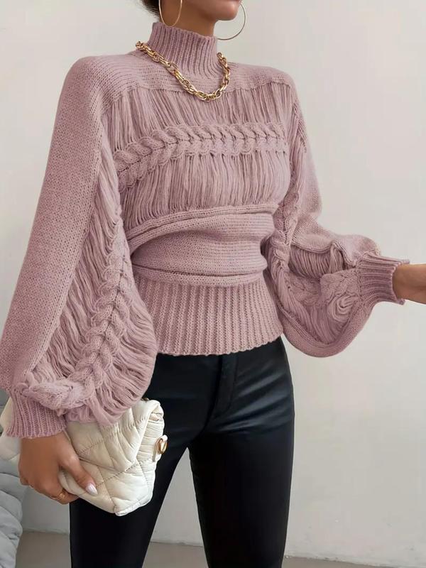 Women's Plain Ripped Lantern Sleeve Cable Knit Sweater, Casual Mock Neck Long Sleeve Jumper for Spring & Fall, Fashion Women's Knitwear for Daily Wear