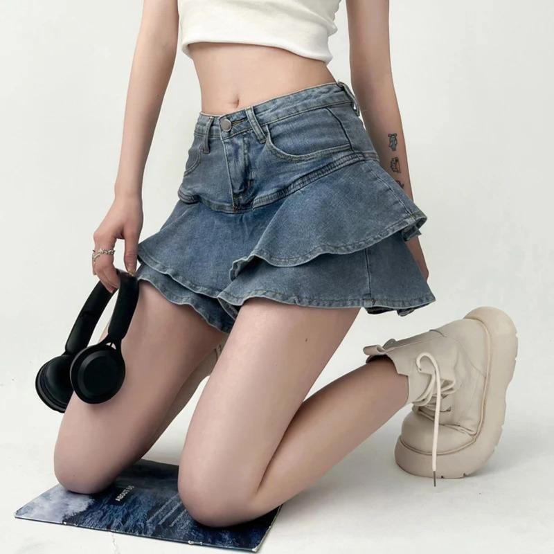 Vintage Denim Skirt Shorts Women Summer Korean Fashion High Waist A-line Wash Blue Slim Cute Sexy Mini Jeans Ruffle Skirt Female