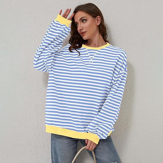 Women Striped Oversized Sweatshirt Color Block Crew Neck Long Sleeve Shirt Casual  Pullover Top Fall Y2K Clothes Cotton Crewneck free  people strie