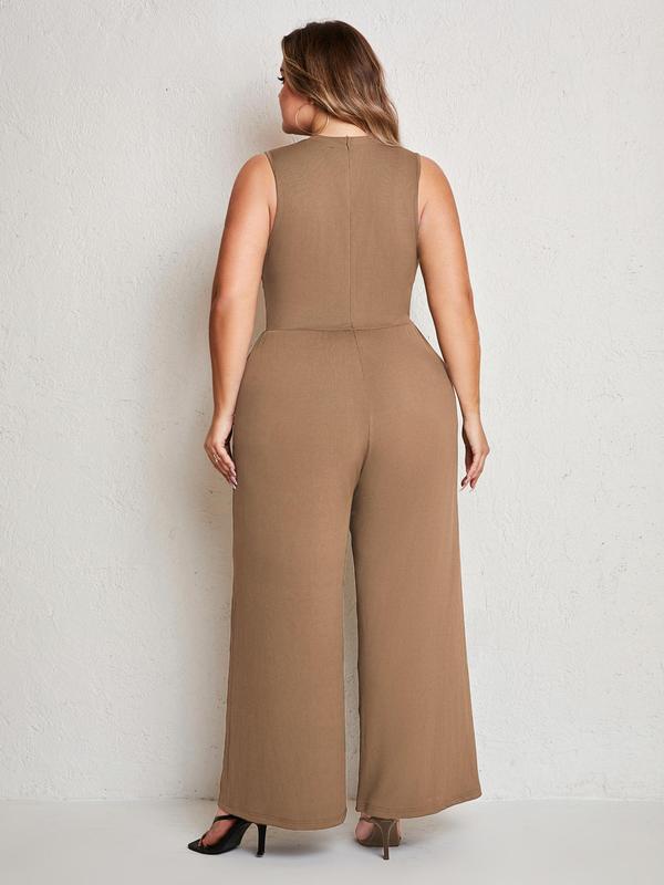 Plus Size Solid Pocket Wide Leg Tank Jumpsuit, Summer Clothes Women, Casual Sleeveless Round Neck Jumpsuit, Women's Plus Clothing for Daily Wear