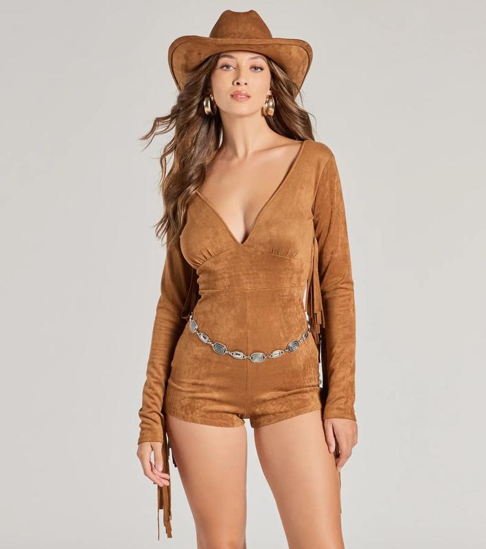 Country Babe Long Sleeve Fringe Faux Suede Romper