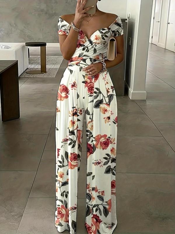 Women's Floral Print Wrap Wide Leg Jumpsuit, Boho Off The Shoulder Jumpsuit, Summer Outfits 2024, Back To School Outfits, Ladies Summer Clothes for Beach Vacation, Jumpsuits for Women, Holiday Outfits 2024 for Lady, Womenswear