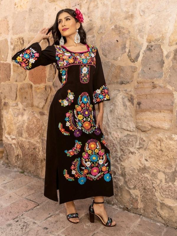 Mexican Embroidered Maxi Dress, Wedding Style, Traditional Mexican Dress, Artisanal Mexican Party Dress, Latina Style Dress, Women's Dress