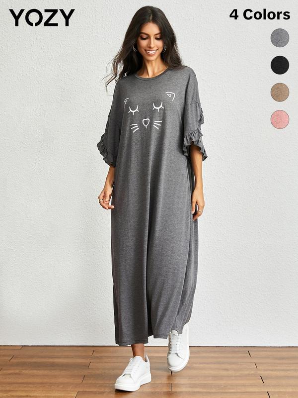 YOZY [4 colors] Cat Print Tee Dress, Loose Ruffle Trim Petal Sleeve Flattering Tummy Drop Shoulder Long Dresses, 2024 Women's Home Lounge Sleepwear for All Season