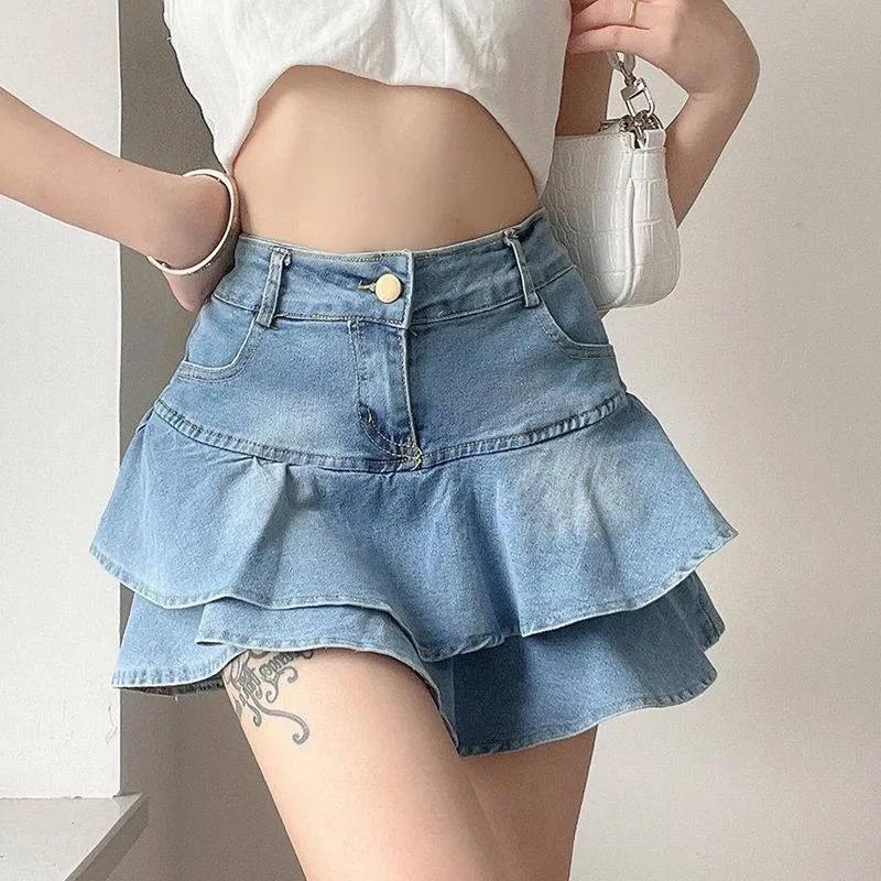 Vintage Denim Skirt Shorts Women Summer Korean Fashion High Waist A-line Wash Blue Slim Cute Sexy Mini Jeans Ruffle Skirt Female