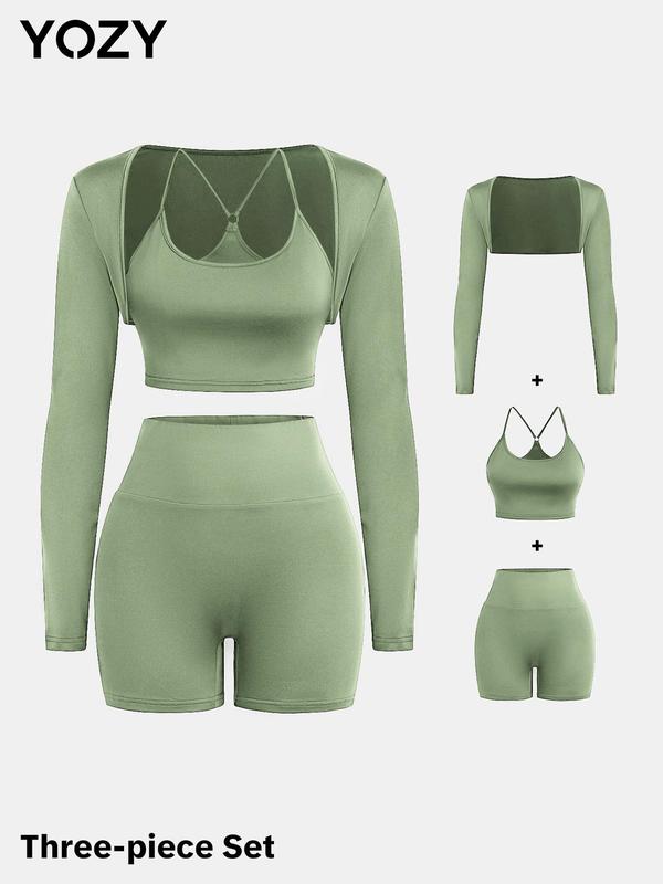 YOZY [6 colors, size 0 2-14] Long Sleeve Crop Outwear & Ring Linked Cami Top & High Waist Stretchy Shorts Set, Back To School Outfits, 2024 Women's Outfits for Daily, Yoga, Gym, Workout, [XS-XXL]