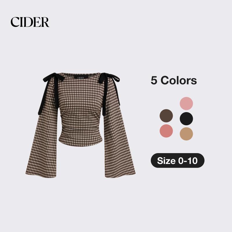 Cider [5 colors, size 0-10] Boat Neck Gingham Bowknot Ruched Long Sleeve Top