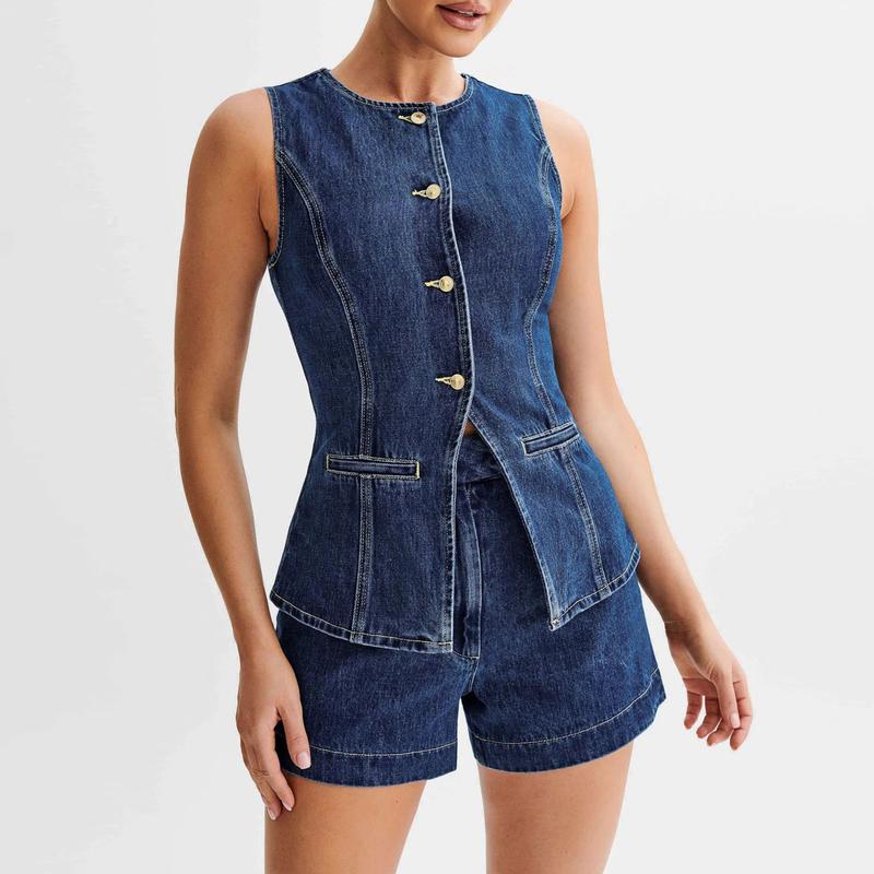 Women's Denim Long Vest Tops Button-up Back Slit Sleeveless Pocket Round Neck Waistcoat