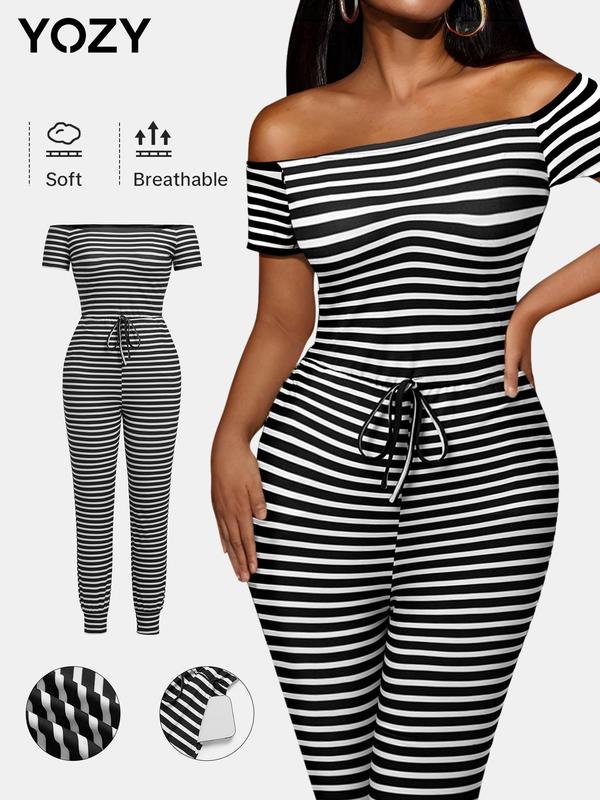 YOZY Women's Striped Print Off Shoulder Drawstring Jumpsuit, Casual Pocket Design Short Sleeve Jumpsuit for Daily Wear, Ladies Clothes for All Seasons