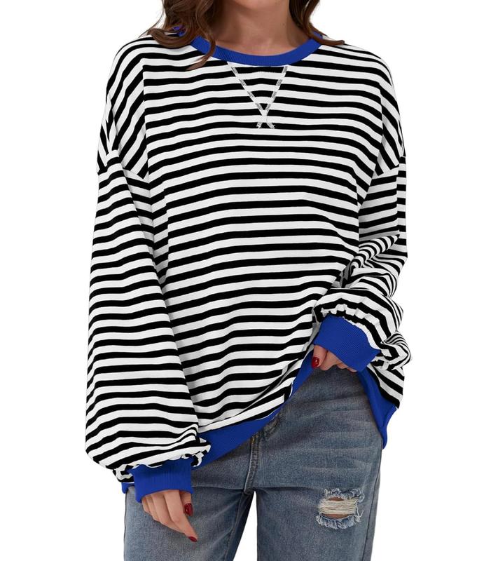 Women Striped Oversized Sweatshirt Color Block Crew Neck Long Sleeve Shirt Casual  Pullover Top Fall Y2K Clothes Cotton Crewneck free  people strie