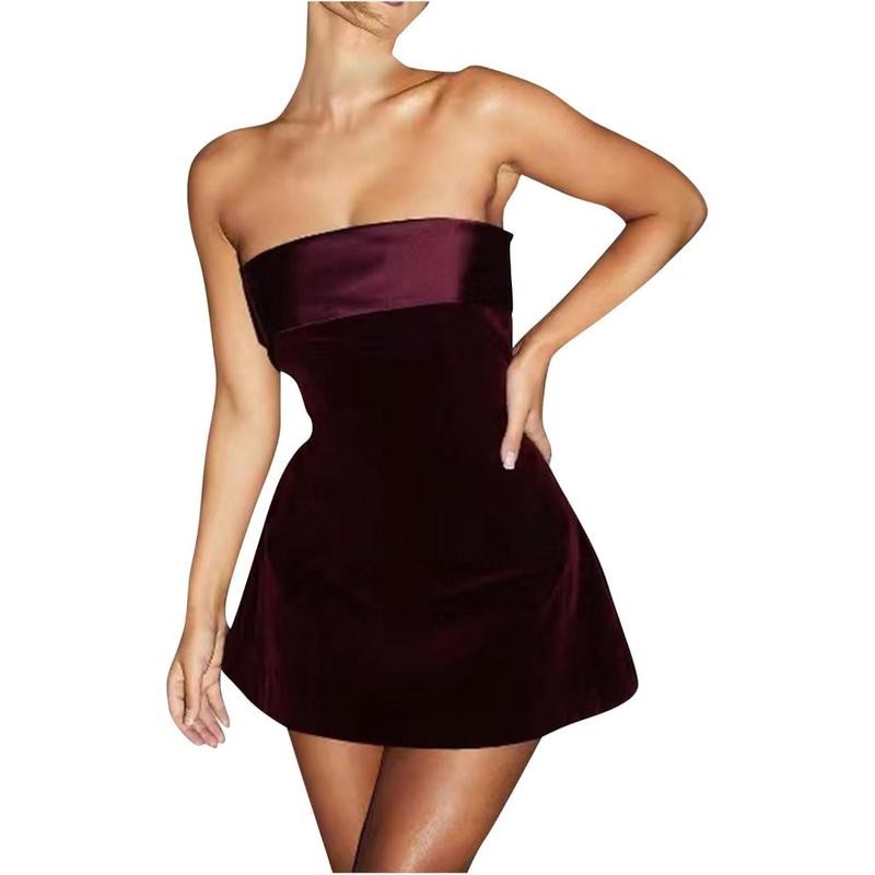 Women Elegant Velvet Satin Tube Mini Dress Sexy Strapless Off Shoulder Slim Flare Y2k Short Party Homecomming Dress