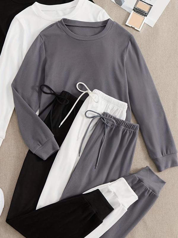 Women's Solid Color Long Sleeve Tee & Elastic Waist Pants Set, Casual Round Neck Top & Tie Front Trousers for Daily Wear, Pants Suit Sets for Women, Ladies Two-piece Outfits for All Seasons