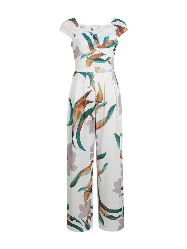 Women's Floral Print Wrap Wide Leg Jumpsuit, Boho Off The Shoulder Jumpsuit, Summer Outfits 2024, Back To School Outfits, Ladies Summer Clothes for Beach Vacation, Jumpsuits for Women, Holiday Outfits 2024 for Lady, Womenswear