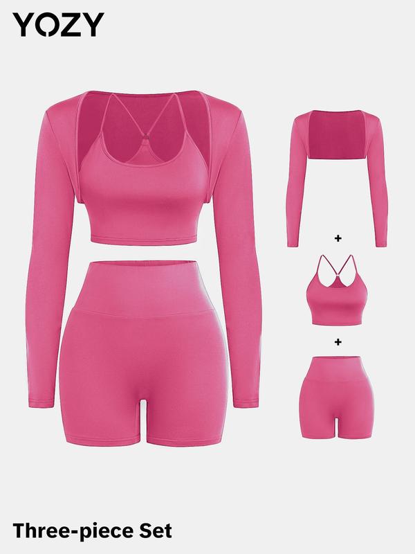 YOZY [6 colors, size 0 2-14] Long Sleeve Crop Outwear & Ring Linked Cami Top & High Waist Stretchy Shorts Set, Back To School Outfits, 2024 Women's Outfits for Daily, Yoga, Gym, Workout, [XS-XXL]