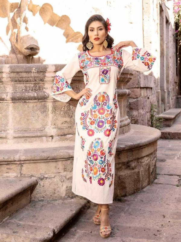 Mexican Embroidered Maxi Dress, Wedding Style, Traditional Mexican Dress, Artisanal Mexican Party Dress, Latina Style Dress, Women's Dress