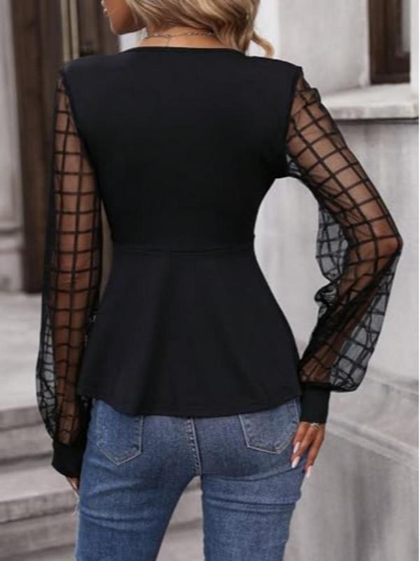 Women's Plain Fishnet Overlay Tee, Casual Long Sleeve V Neck T-shirt for Spring & Fall, Women's Clothing for Daily Wear