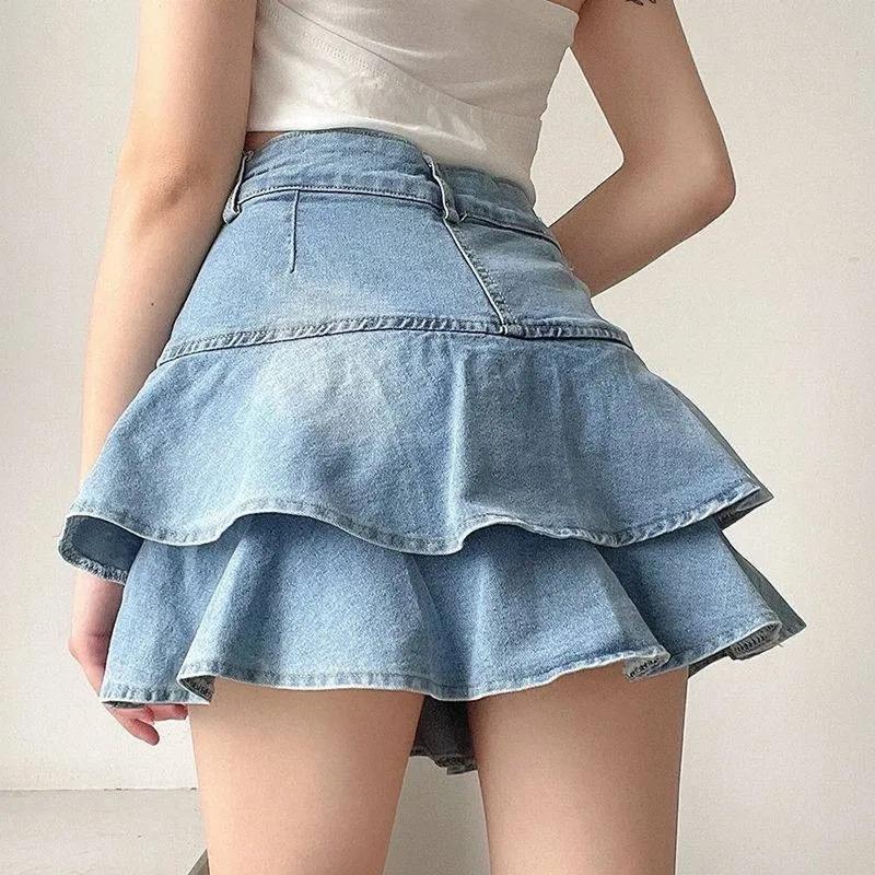 Vintage Denim Skirt Shorts Women Summer Korean Fashion High Waist A-line Wash Blue Slim Cute Sexy Mini Jeans Ruffle Skirt Female