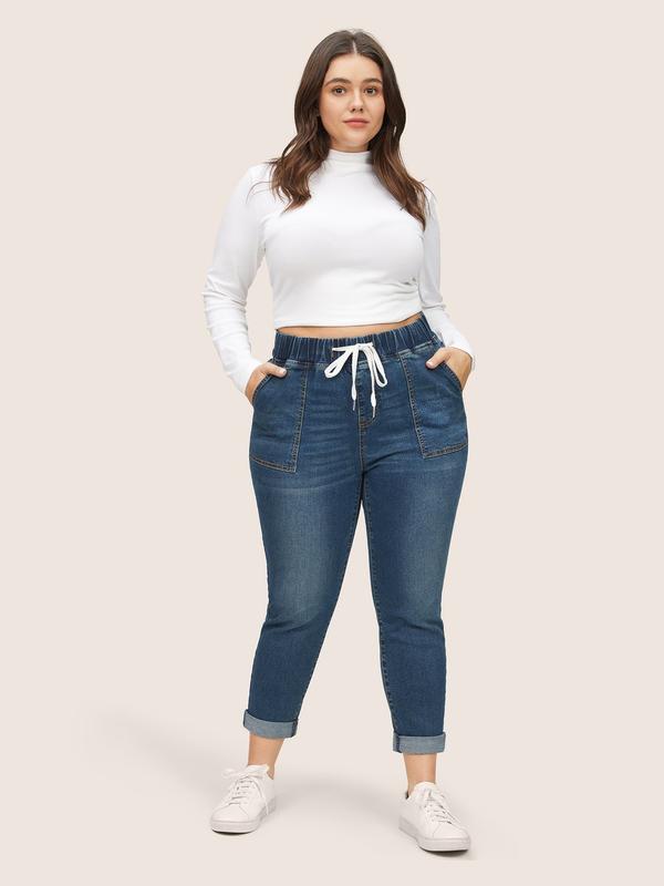 BloomChic Drawstring Elastic Waist Roll Hem Jeans