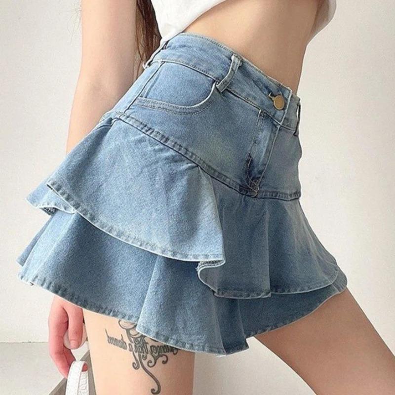 Vintage Denim Skirt Shorts Women Summer Korean Fashion High Waist A-line Wash Blue Slim Cute Sexy Mini Jeans Ruffle Skirt Female