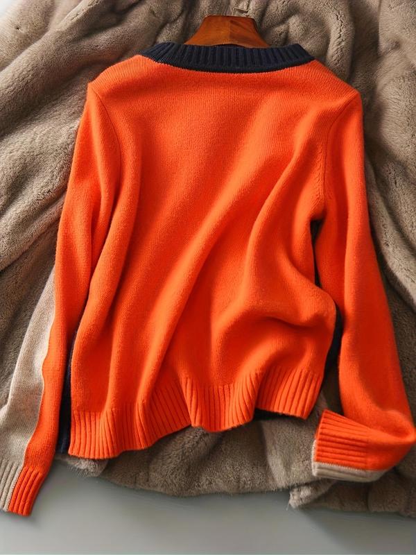 Women's Colorblock Print Round Neck Sweater, Casual Long Sleeve Crew Neck Jumper for Daily Outdoor Wear, Women Knitwear for Fall & Winter, Fall Outfits, Fallfreshness