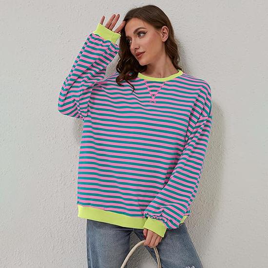 Women Striped Oversized Sweatshirt Color Block Crew Neck Long Sleeve Shirt Casual  Pullover Top Fall Y2K Clothes Cotton Crewneck free  people strie