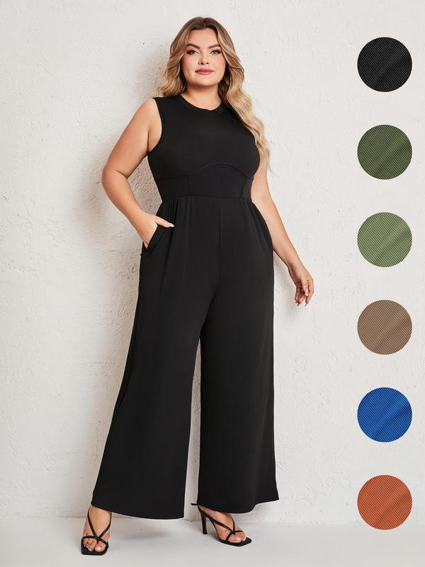 Plus Size Solid Pocket Wide Leg Tank Jumpsuit, Summer Clothes Women, Casual Sleeveless Round Neck Jumpsuit, Women's Plus Clothing for Daily Wear