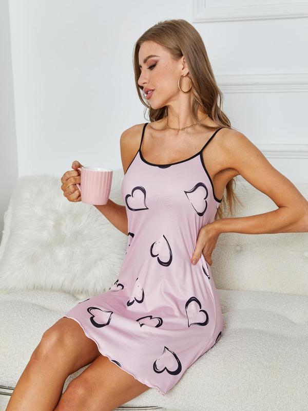 Women's Heart Print Contrast Binding Cami Nightdress, Ladies Summer Clothes, Casual Lettuce Hem Spaghetti Strap Nighty Dress for Summer Daily Wear