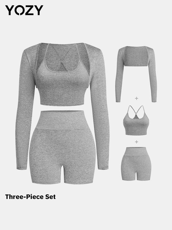 YOZY [6 colors, size 0 2-14] Long Sleeve Crop Outwear & Ring Linked Cami Top & High Waist Stretchy Shorts Set, Back To School Outfits, 2024 Women's Outfits for Daily, Yoga, Gym, Workout, [XS-XXL]