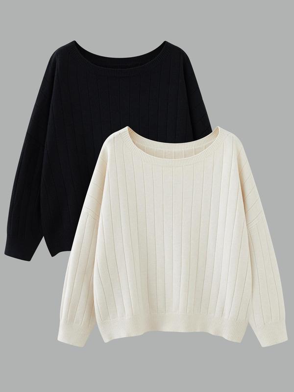  Solid Drop Shoulder Sweater, Casual Long Sleeve Scoop Neck Jumper for Spring & Fall, Women's Clothing for Daily Wear