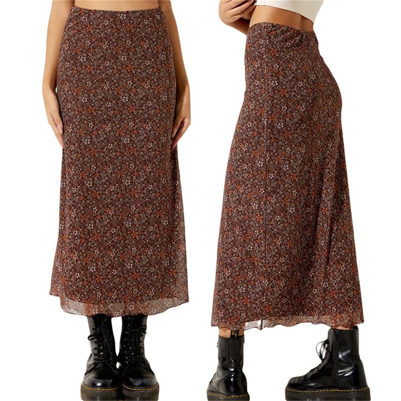 Women´s Casual Long Skirts, Floral Printed High Waist Simple Elegant Elastic Waist Skirts, Street Style Bottoms