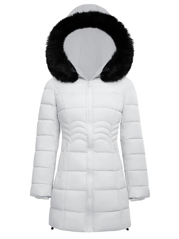 Women's Solid Color Contrast Faux Fur Hooded Quilted Jacket, Casual Long Sleeve Zip Up Outerwear for Fall & Winter, Ladies Clothes for Daily Wear