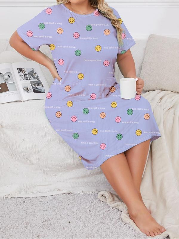 Plus Size All Over Print Pocket Round Neck Nightdress, Casual Soft Comfortable Short Sleeve Nightgown For Women, Women's Sleepwear For All Seasons