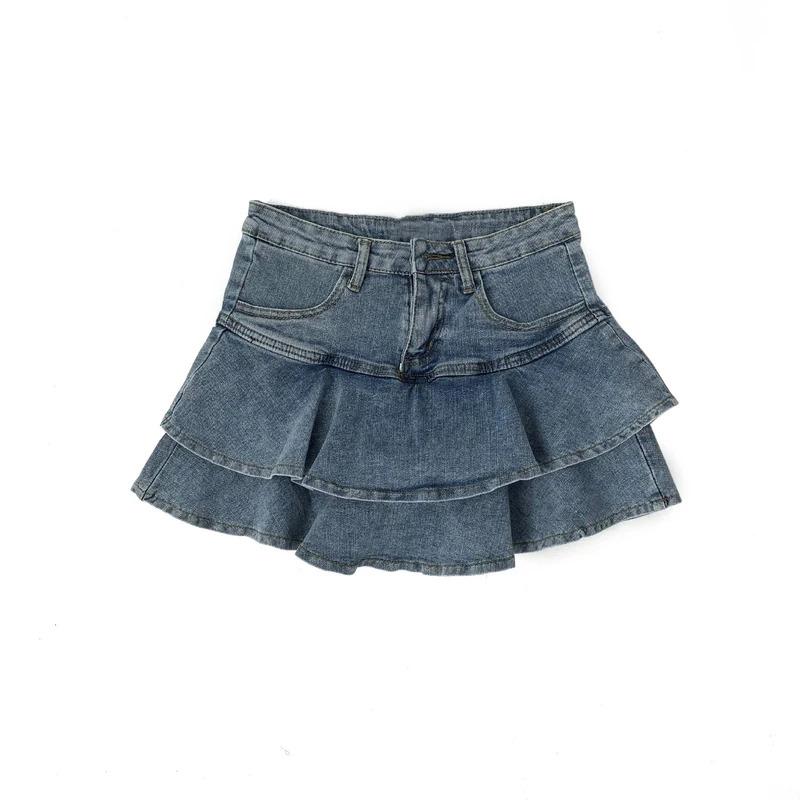 Vintage Denim Skirt Shorts Women Summer Korean Fashion High Waist A-line Wash Blue Slim Cute Sexy Mini Jeans Ruffle Skirt Female