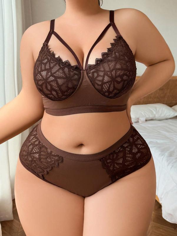 2pcs Set Plus Size Lace Splicing Wireless Bra And Panties Set