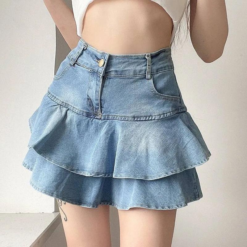 Vintage Denim Skirt Shorts Women Summer Korean Fashion High Waist A-line Wash Blue Slim Cute Sexy Mini Jeans Ruffle Skirt Female