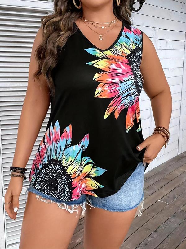 Plus Size Floral Print V Neck Tank Top, Casual Sleeveless Top, Comfort Lady Womenswear,  Tank Tops Summer Outfits 2024, Women's Clothing