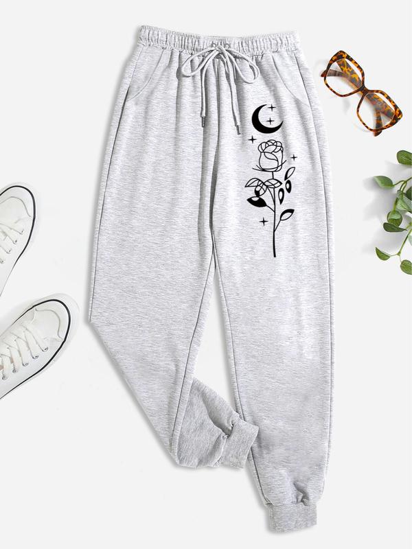 Women's Moon & Rose Print Drawstring Waist Jogger Pants, Casual Comfortable Graphic Elastic Waist Trousers For Daily Wear, Women's Bottoms For Spring & Fall