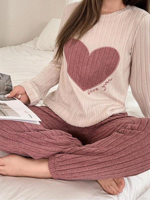 Two-Piece Set Women's Colorblock Heart Print Crew Neck Sweatshirt & Pants Plush Pajama, Casual Comfy Round Neck Long Sleeve Pullover & Trousers PJ Set, Ladies Sleepwear for Fall