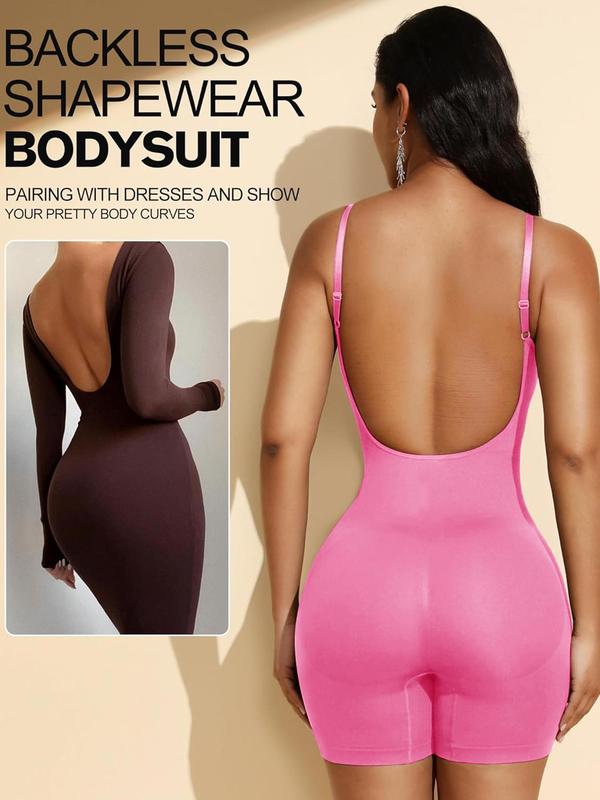 Women's Solid Backless Adjustable Strap Shapewear Bodysuit, Tummy Control Butt Lifting Seamless Shaper, Women's Shapewear for All Seasons, Fall Wear, Earthtone Fallfreshness