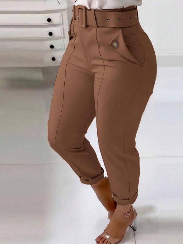  Solid Button Pocket Belted Pants, Casual Comfy Zipper Trousers for Daily Outdoor Wear, Back-to-School Clothing, Women's Bottoms for All Seasons, Fall Outfits, Earthtone Fallfreshness, Downtown Girl Clothes