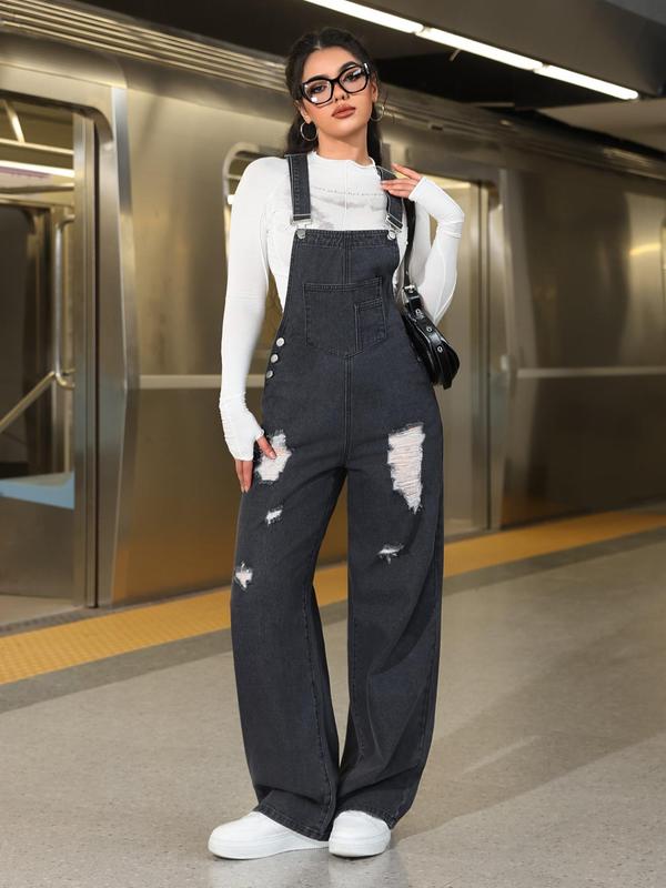 Women's Plain Ripped Button Overalls Jumpsuit, Casual Fashion Denim Overalls for Daily Wear, Ladies Clothes for All Seasons