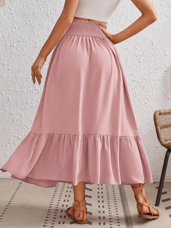 Women's Plain Paper Bag Waist Shirred Ruffle Hem A Line Skirt, Boho Fashion Button Bow Decor High Waist Long Skirt for Daily Holiday Vacation Wear, Ladies Bottoms for Summer