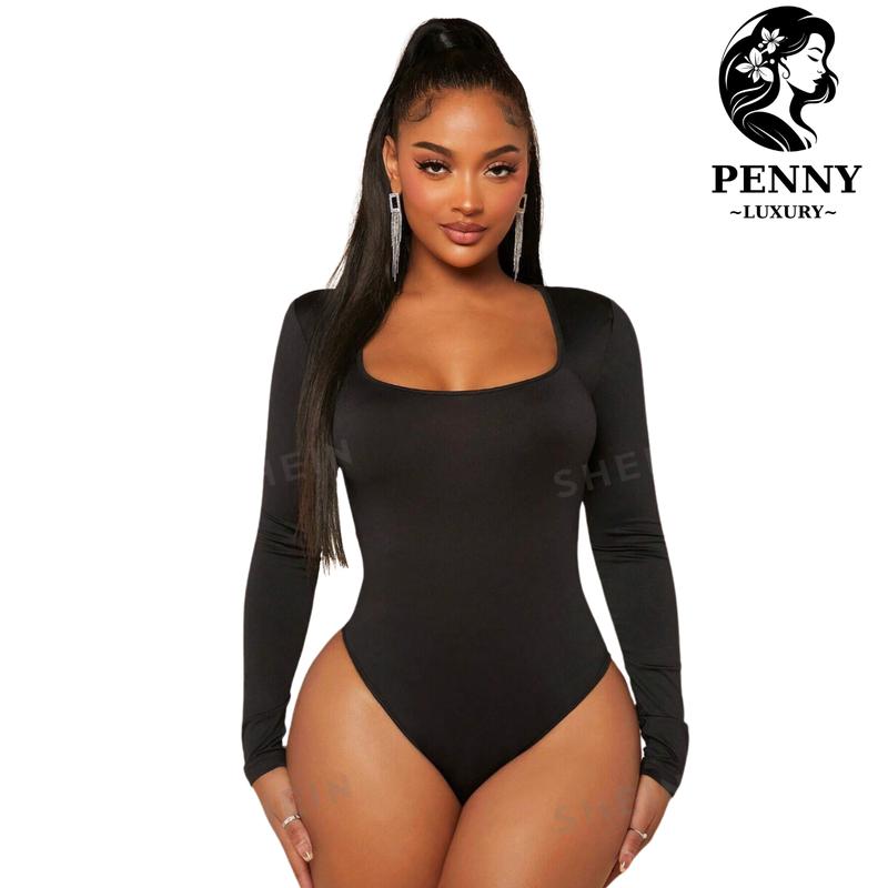 Women's Bodysuit - Sleek Long Sleeve Bodycon with Square Neck, Sheath Crotch Detail - Available in Black, White, Grey, Brown - Chic, Comfortable, and Ideal for Everyday or Special Occasions Fit Womenswear Underwear