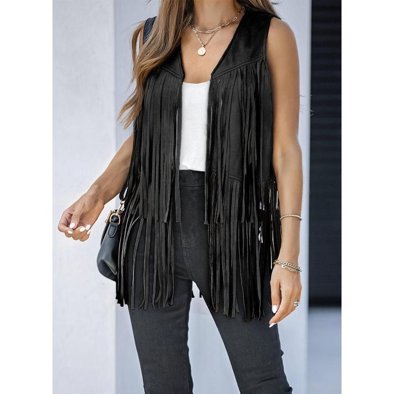 Dokotoo Womens Fringe Vest 70s Hippie Costume Sleeveless Cowgirl Western Faux Suede Tassel Leather Outerwear