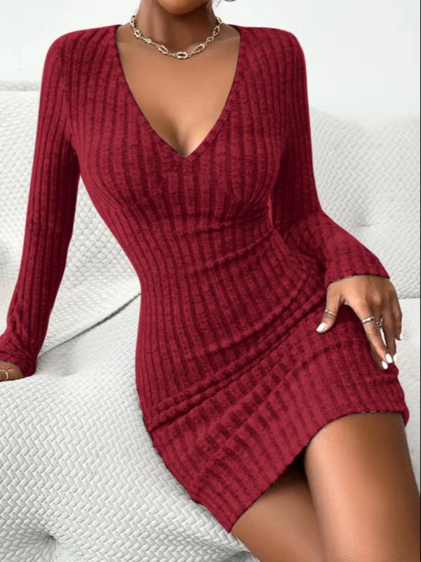 Women's Striped  Deep V Neck Bodycon Dress, Casual Long Sleeve Tight Sleeve Short Dress for Fall & Winter, Ladies Clothes for Daily Wear