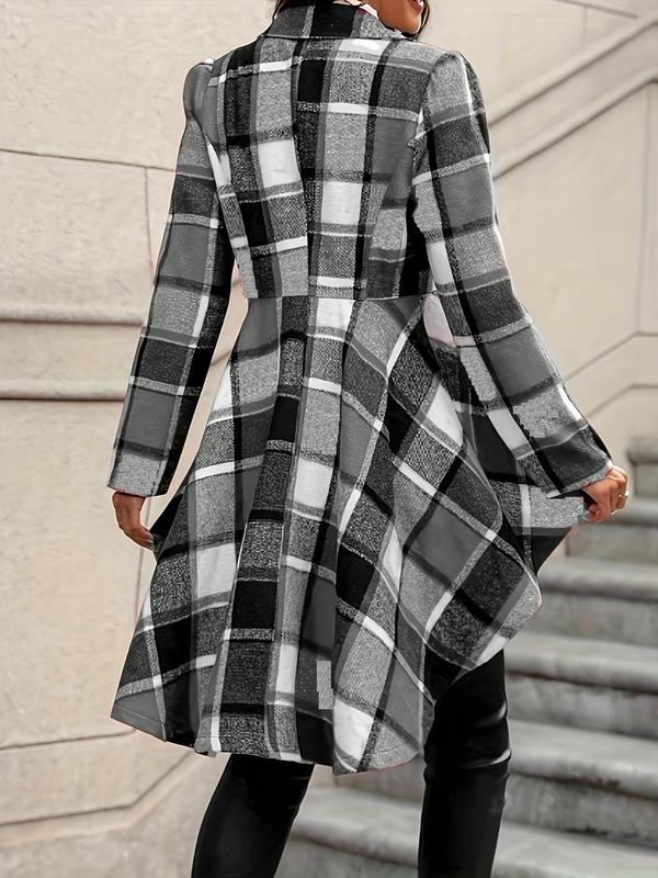 Women's Plaid Print Button High Low Hem Jacket, Casual Long Sleeve Lapel Neck Open Front Outerwear for Fall & Winter, Ladies Clothes for Daily Wear